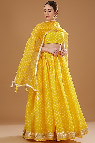 Yellow Chanderi Printed Lehenga Set by Yuvrani Jaipur