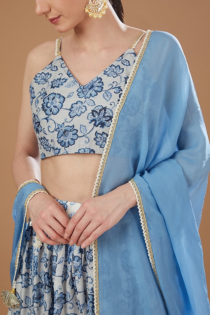 Ivory & Blue Chanderi Lehenga Set by Yuvrani Jaipur at Pernia's Pop Up Shop