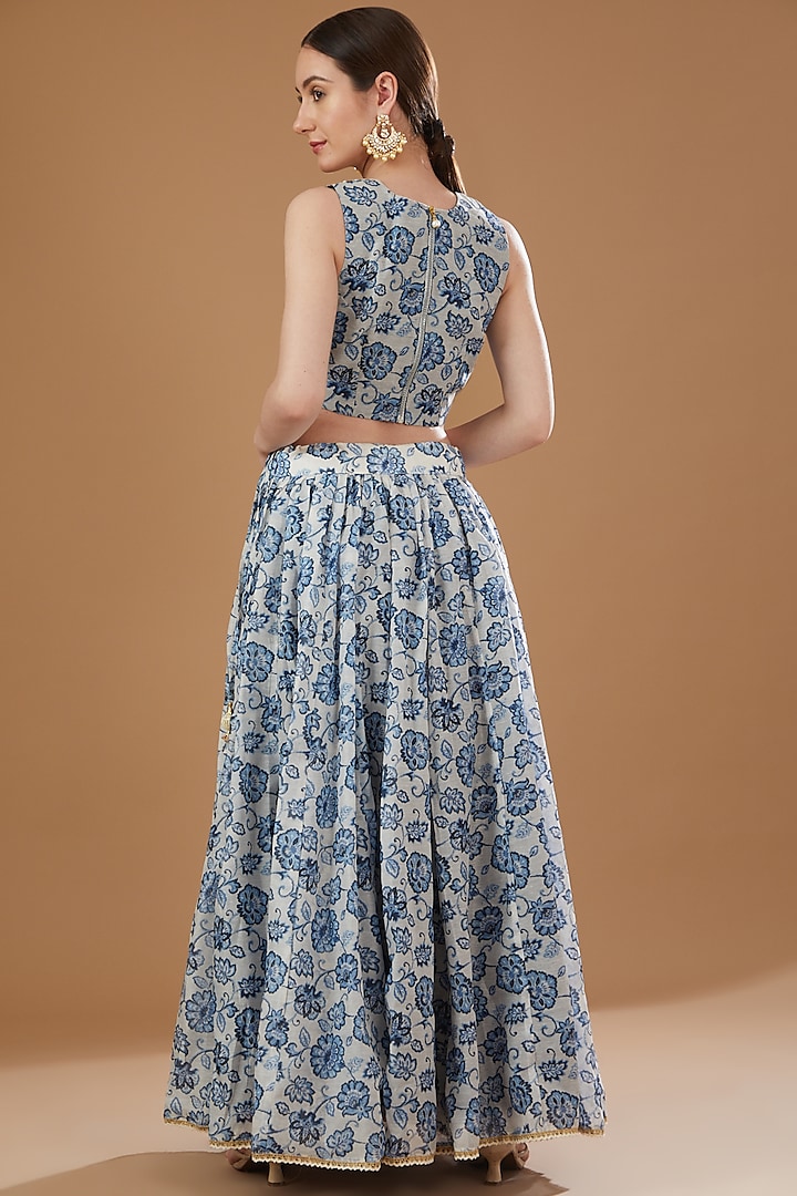 Ivory & Blue Chanderi Printed Lehenga Set by Yuvrani Jaipur at Pernia's Pop Up Shop