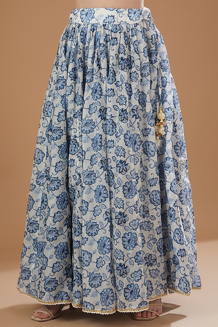Ivory & Blue Chanderi Printed Lehenga Set by Yuvrani Jaipur at Pernia's Pop Up Shop