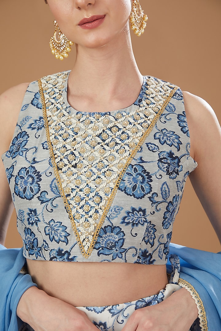 Ivory & Blue Chanderi Printed Lehenga Set by Yuvrani Jaipur at Pernia's Pop Up Shop