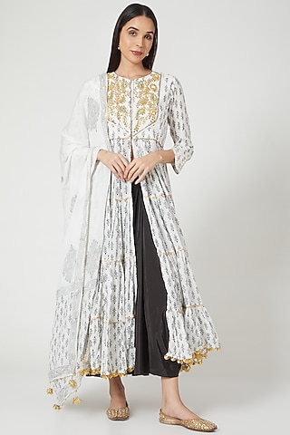 Black & White Hand Block Printed Anarkali Set by Yuvrani Jaipur