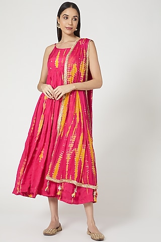 Hot Pink & Mustard Shibori Anarkali Set by Yuvrani Jaipur