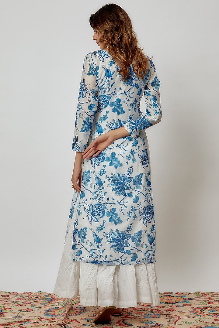 White & Blue Chanderi Printed Kurta Set by Yuvrani Jaipur at Pernia's Pop Up Shop