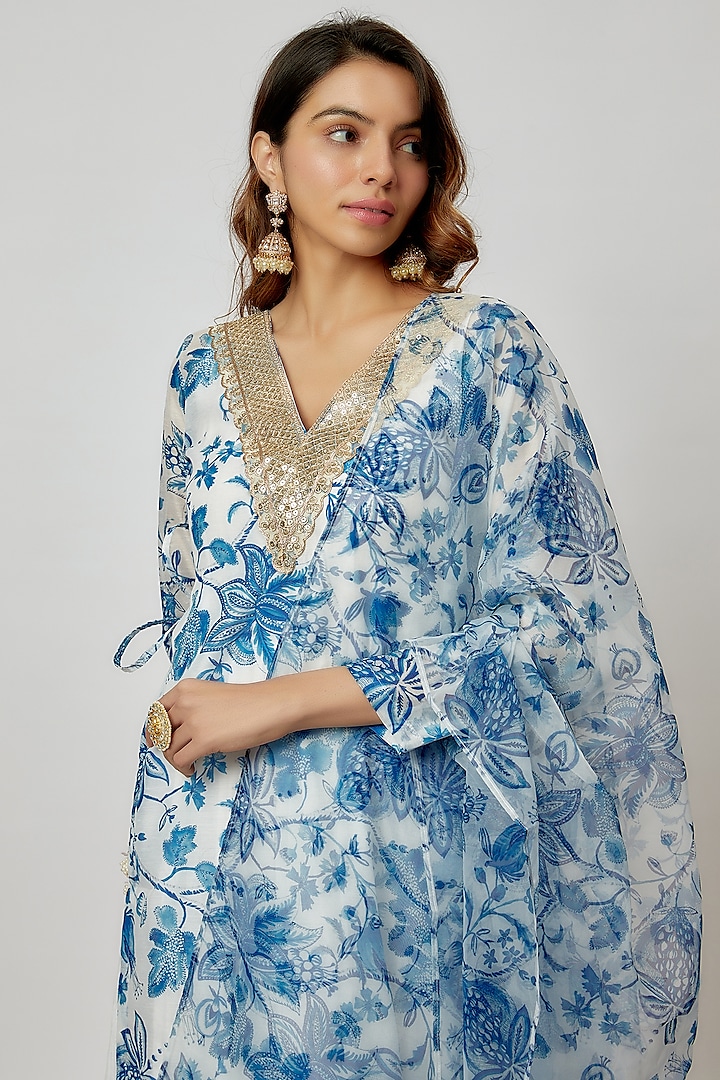White & Blue Chanderi Printed Kurta Set by Yuvrani Jaipur at Pernia's Pop Up Shop