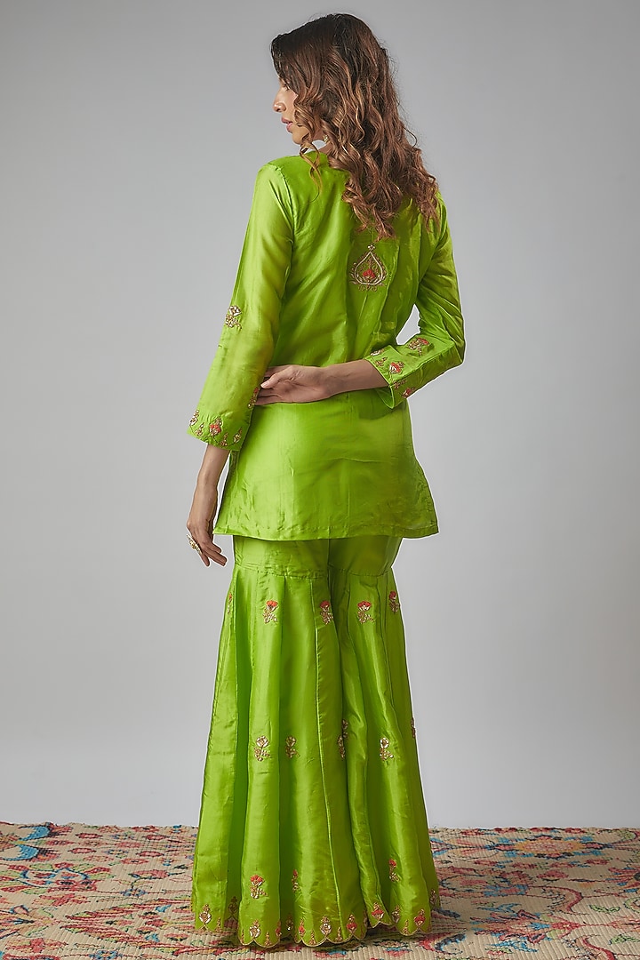 Neon Green Pure Spun Silk Embroidered Party Wear Sharara Set by Yuvrani Jaipur at Pernia's Pop Up Shop