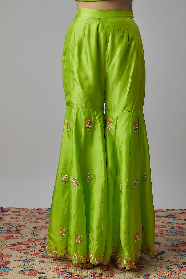 Neon Green Pure Spun Silk Embroidered Party Wear Sharara Set by Yuvrani Jaipur at Pernia's Pop Up Shop