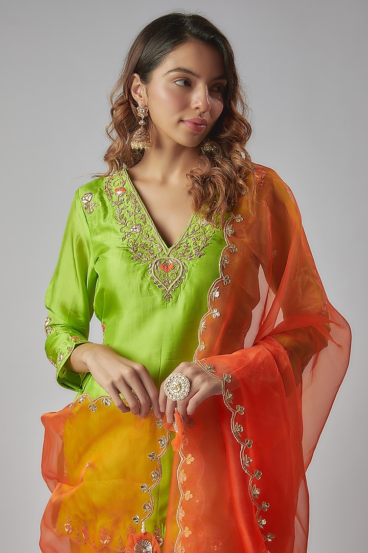 Neon Green Pure Spun Silk Embroidered Party Wear Sharara Set by Yuvrani Jaipur at Pernia's Pop Up Shop