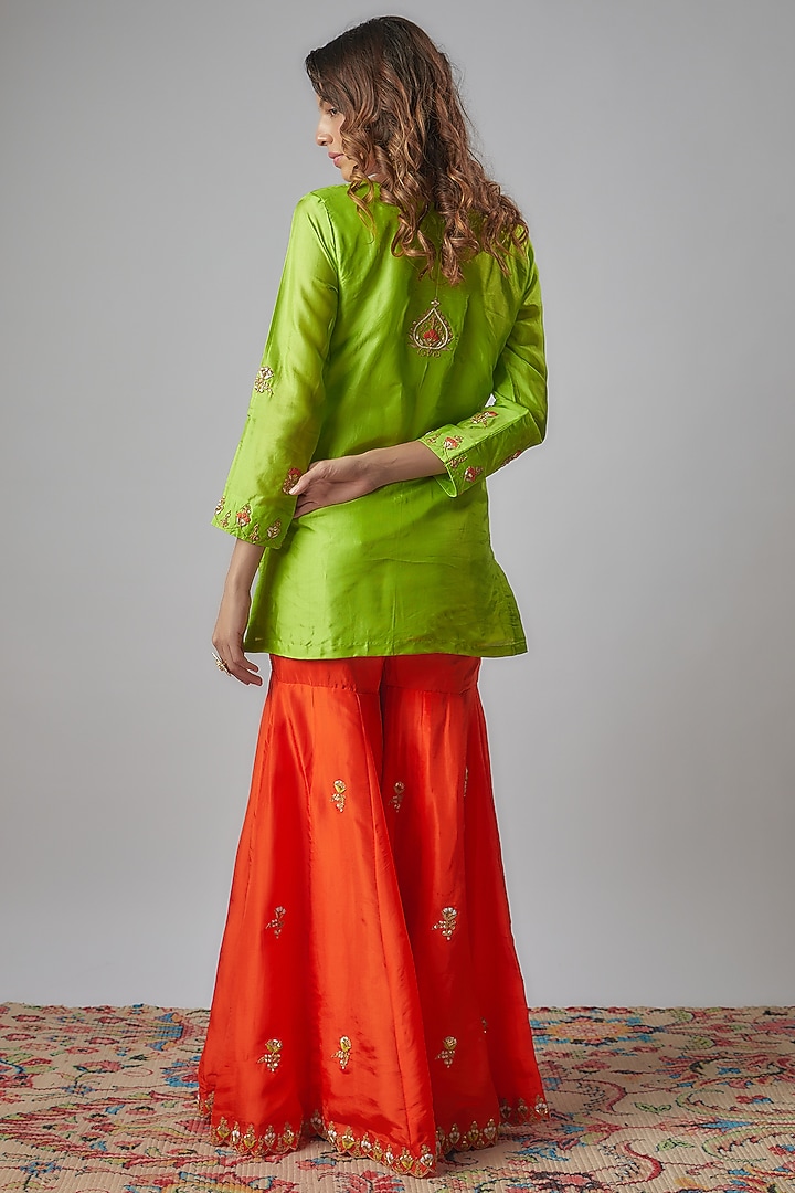 Orange Pure Spun Silk Embroidered Party Wear Sharara Set by Yuvrani Jaipur at Pernia's Pop Up Shop