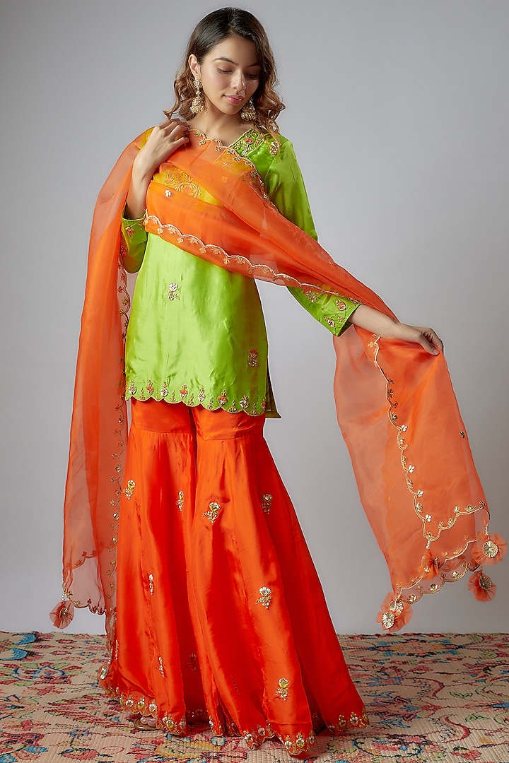 Orange Pure Spun Silk Embroidered Party Wear Sharara Set by Yuvrani Jaipur at Pernia's Pop Up Shop