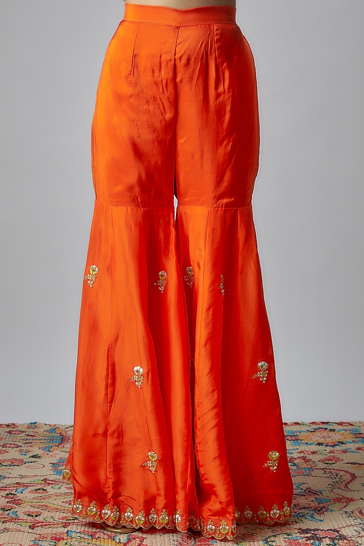 Orange Pure Spun Silk Embroidered Party Wear Sharara Set by Yuvrani Jaipur at Pernia's Pop Up Shop