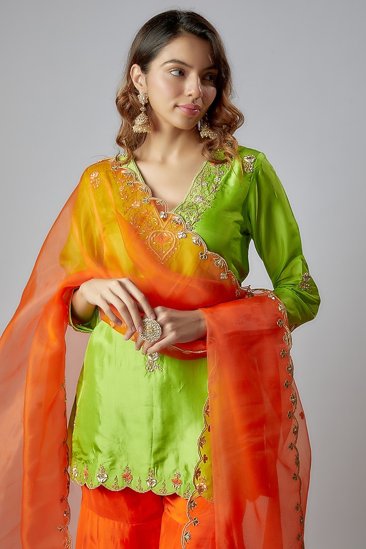 Orange Pure Spun Silk Embroidered Party Wear Sharara Set by Yuvrani Jaipur at Pernia's Pop Up Shop