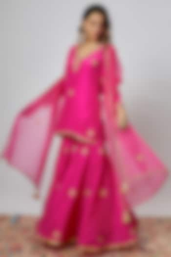 Hot Pink Pure Spun Silk Embroidered Sharara Set by Yuvrani Jaipur at Pernia's Pop Up Shop