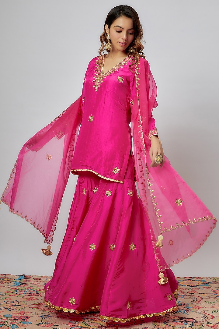 Hot Pink Pure Spun Silk Embroidered Sharara Set by Yuvrani Jaipur at Pernia's Pop Up Shop