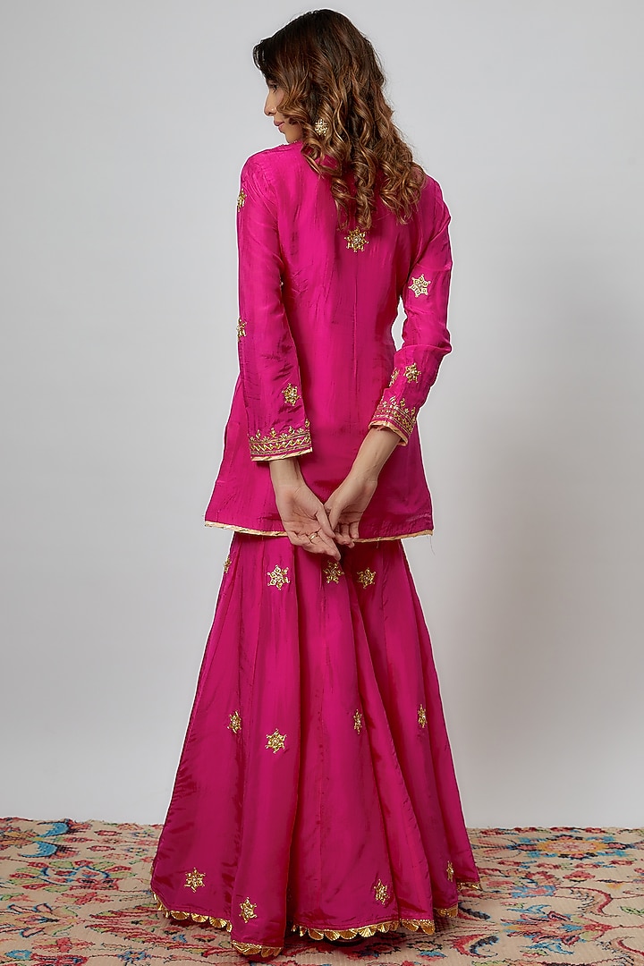 Hot Pink Pure Spun Silk Embroidered Party Wear Sharara Set by Yuvrani Jaipur at Pernia's Pop Up Shop