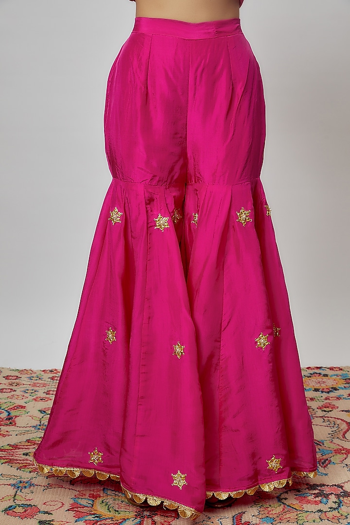 Hot Pink Pure Spun Silk Embroidered Party Wear Sharara Set by Yuvrani Jaipur at Pernia's Pop Up Shop