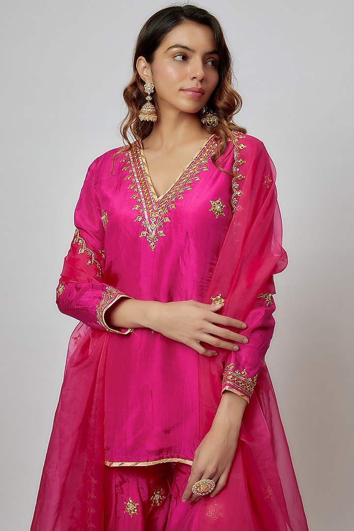 Hot Pink Pure Spun Silk Embroidered Party Wear Sharara Set by Yuvrani Jaipur at Pernia's Pop Up Shop