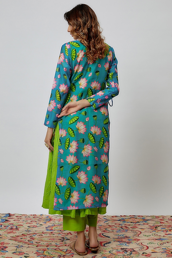 Parrot Green Chanderi Printed Kurta Set by Yuvrani Jaipur at Pernia's Pop Up Shop