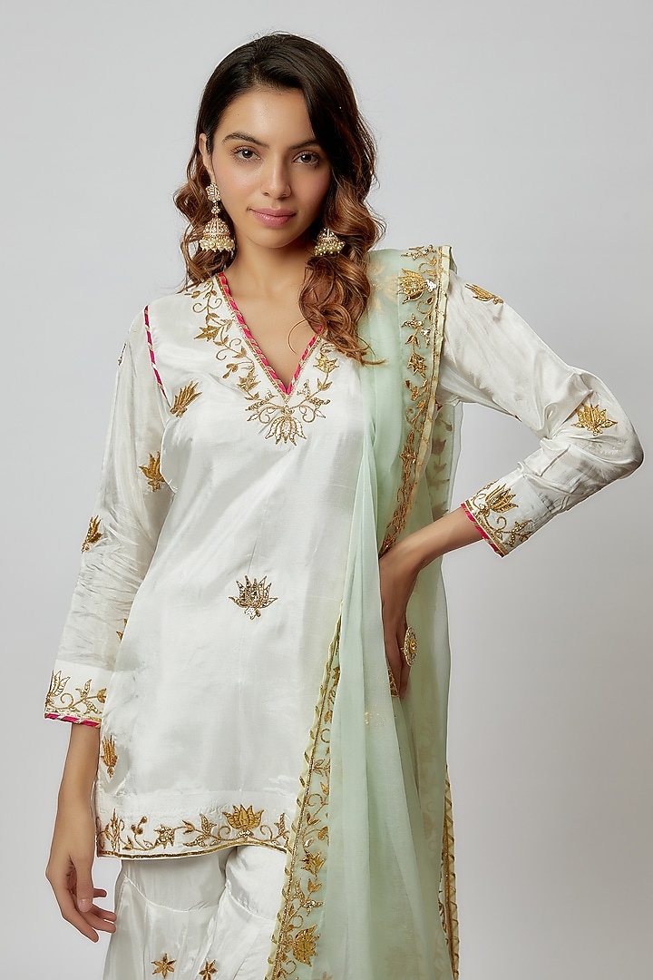 Ivory Pure Spun Silk Embroidered Party Wear Sharara Set by Yuvrani Jaipur at Pernia's Pop Up Shop