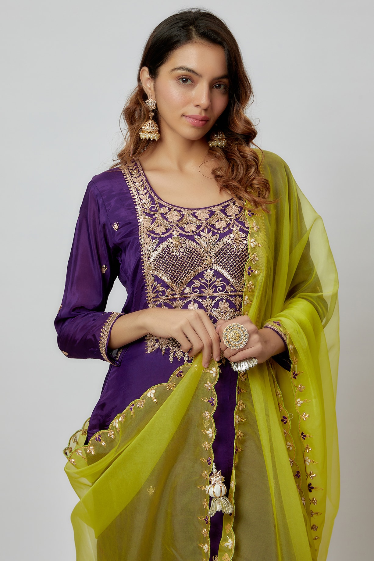 Kripali Purple Pure Chinon Silk Embroidered Kurti Set