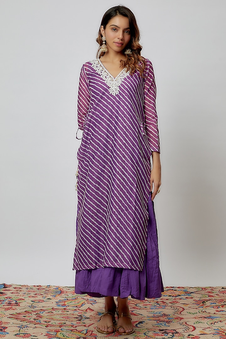 Purple Chanderi Printed Kurta Set by Yuvrani Jaipur