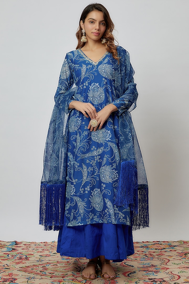 Blue Chanderi Printed Kurta Set by Yuvrani Jaipur