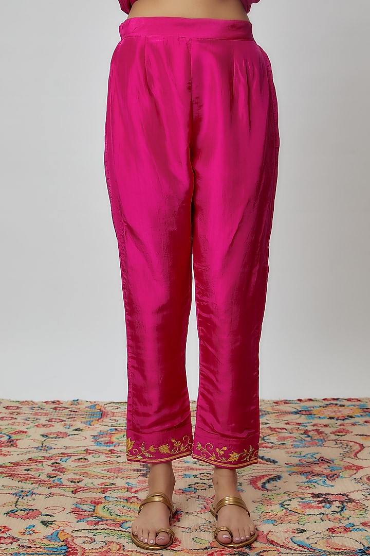 Hot Pink Pure Spun Silk Embroidered Kurta Set by Yuvrani Jaipur at Pernia's Pop Up Shop
