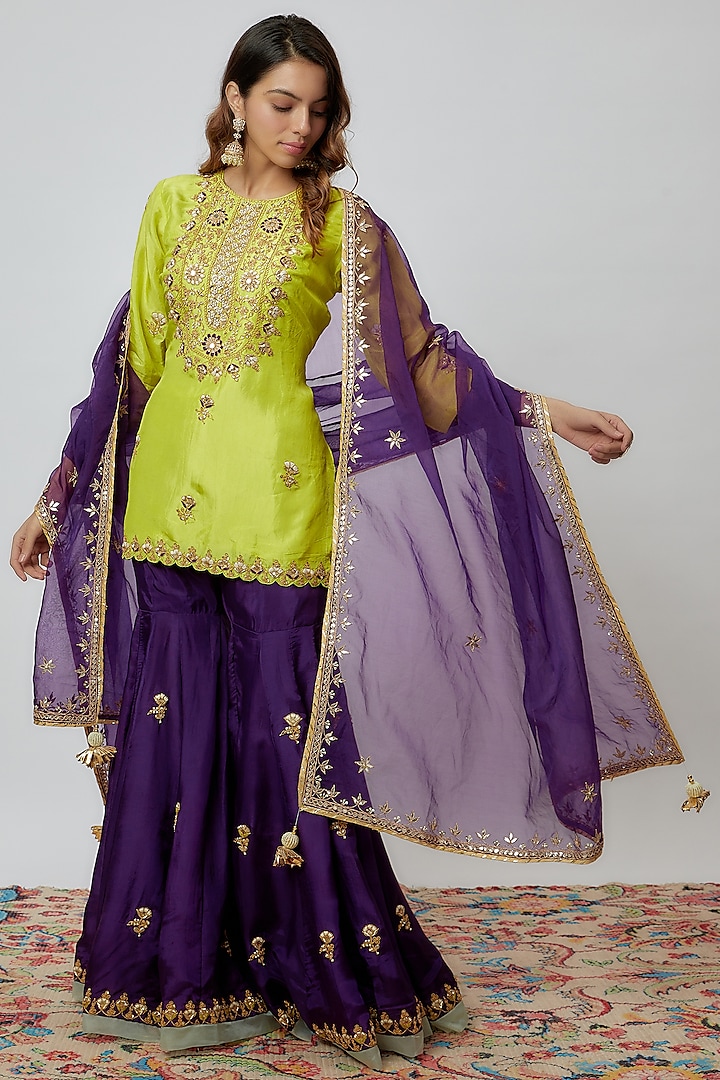 Purple Pure Spun Silk Embroidered Sharara Set by Yuvrani Jaipur