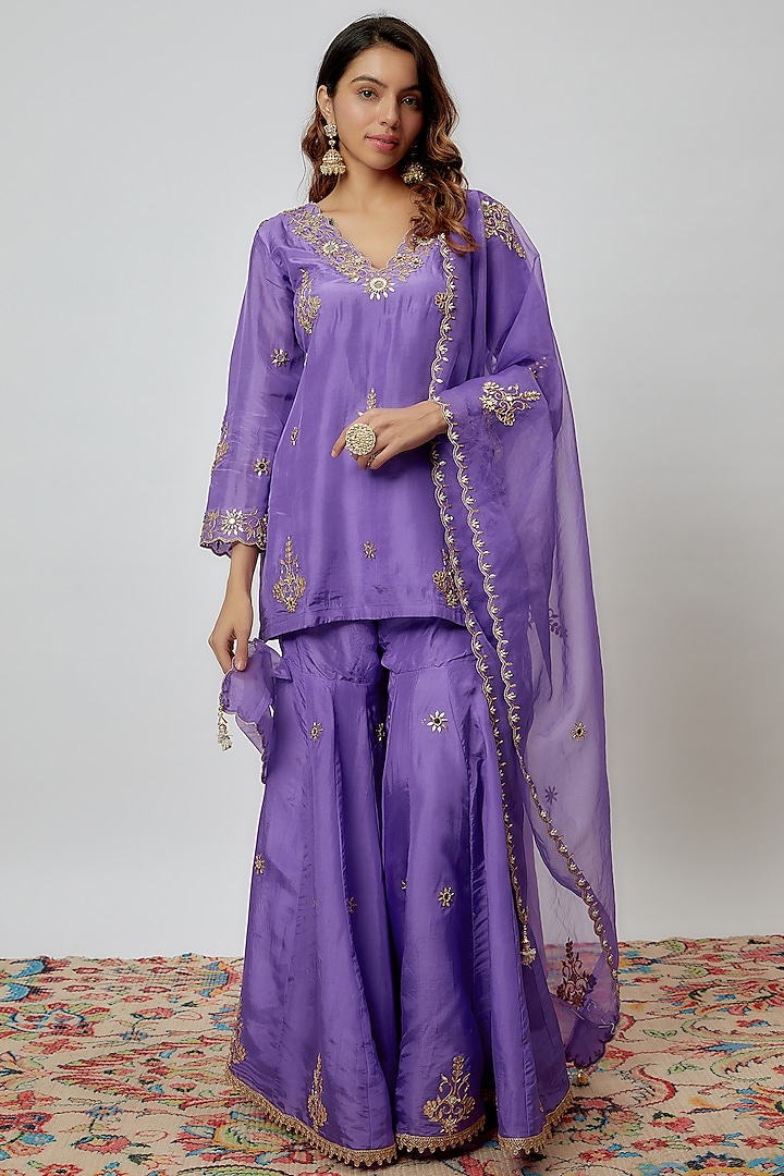 Violet Pure Spun Silk Embroidered Sharara Set by Yuvrani Jaipur