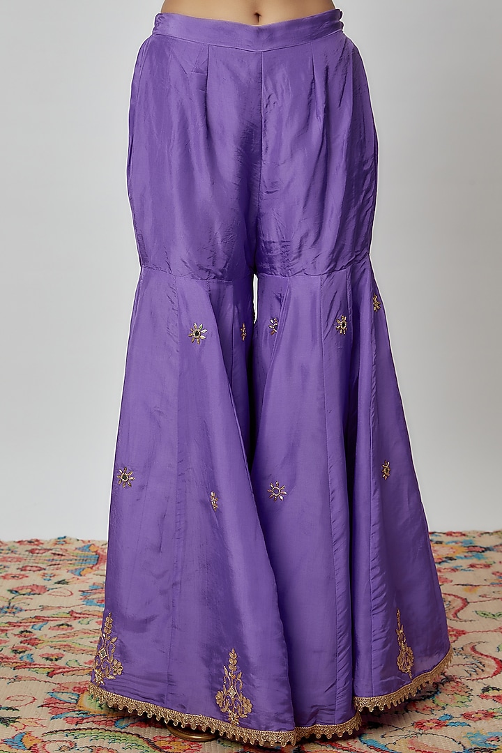 Violet Pure Spun Silk Embroidered Party Wear Sharara Set by Yuvrani Jaipur at Pernia's Pop Up Shop
