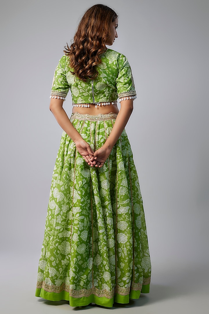 Parrot Green Chanderi Digital Printed Lehenga Set by Yuvrani Jaipur at Pernia's Pop Up Shop