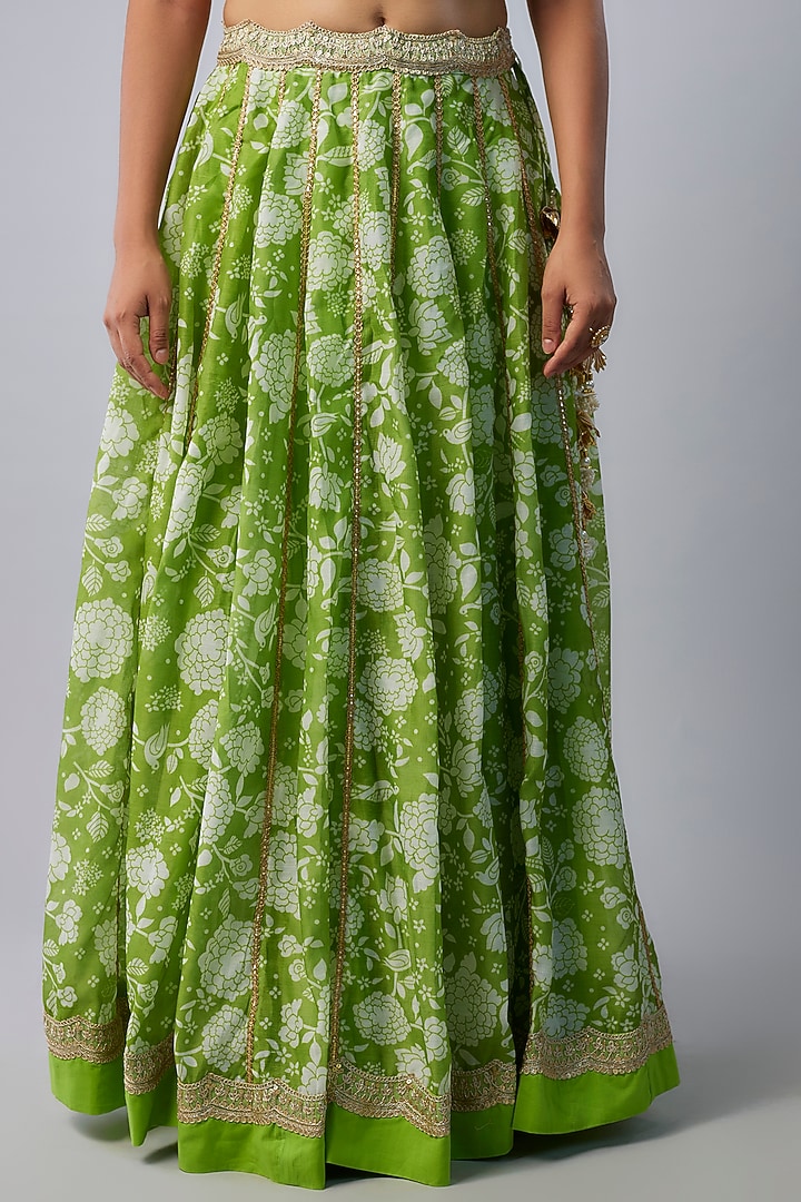 Parrot Green Chanderi Digital Printed Lehenga Set by Yuvrani Jaipur at Pernia's Pop Up Shop