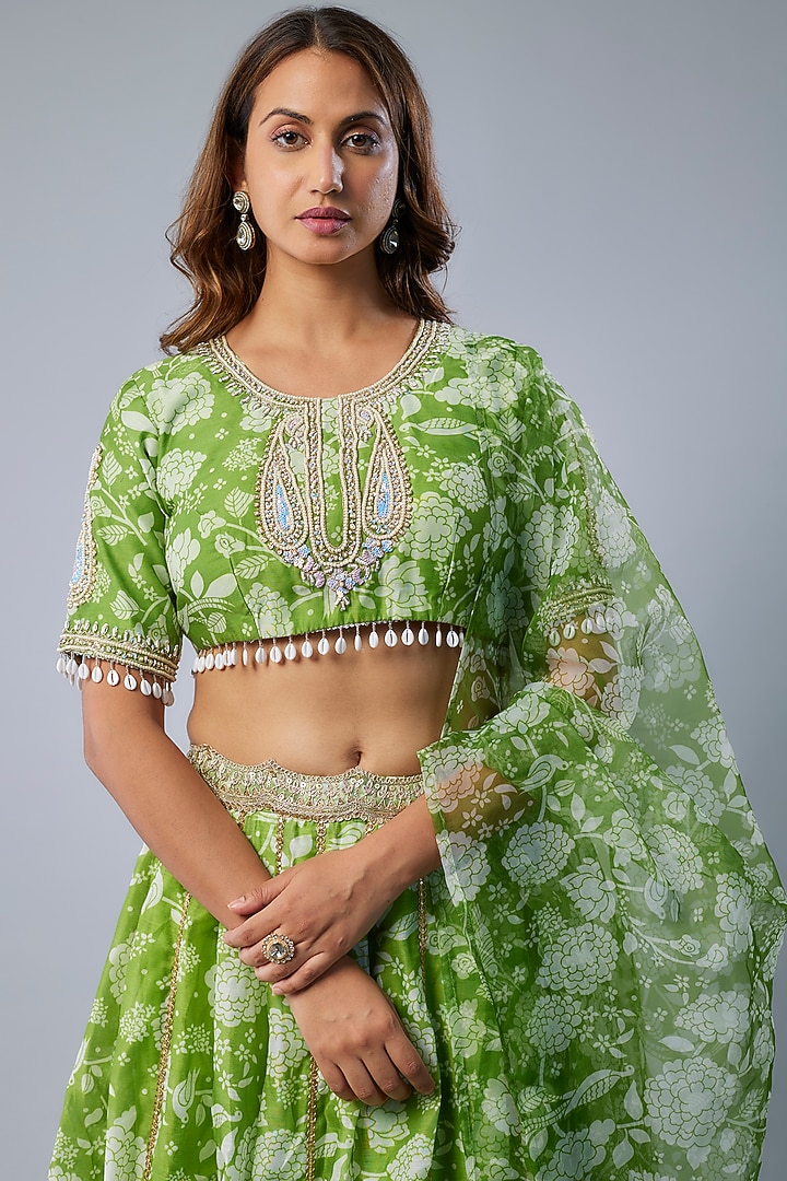Parrot Green Chanderi Digital Printed Lehenga Set by Yuvrani Jaipur at Pernia's Pop Up Shop