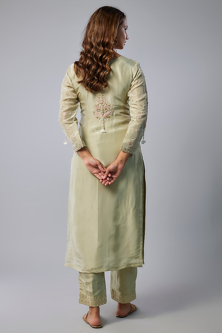 Sea Green Pure Spun Silk Hand Embroidered Kurta Set by Yuvrani Jaipur at Pernia's Pop Up Shop