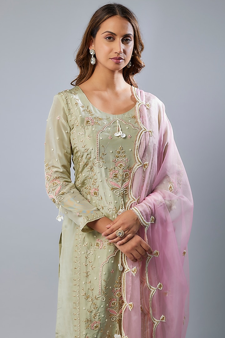 Sea Green Pure Spun Silk Hand Embroidered Kurta Set by Yuvrani Jaipur at Pernia's Pop Up Shop