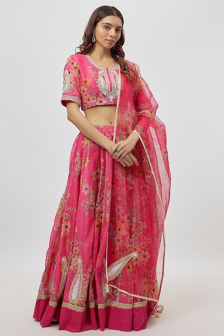 Hot Pink Chanderi Digital Printed & Dabka Embroidered Lehenga Set by Yuvrani Jaipur at Pernia's Pop Up Shop