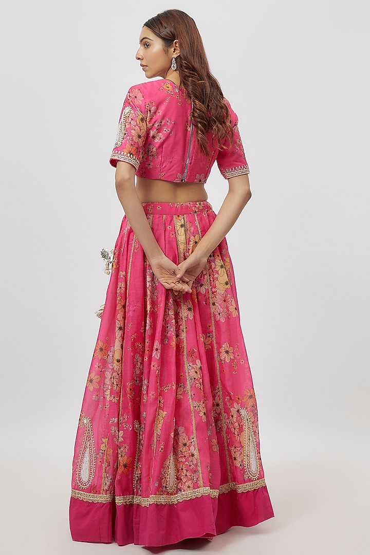 Hot Pink Chanderi Digital Printed & Dabka Embroidered Lehenga Set by Yuvrani Jaipur at Pernia's Pop Up Shop
