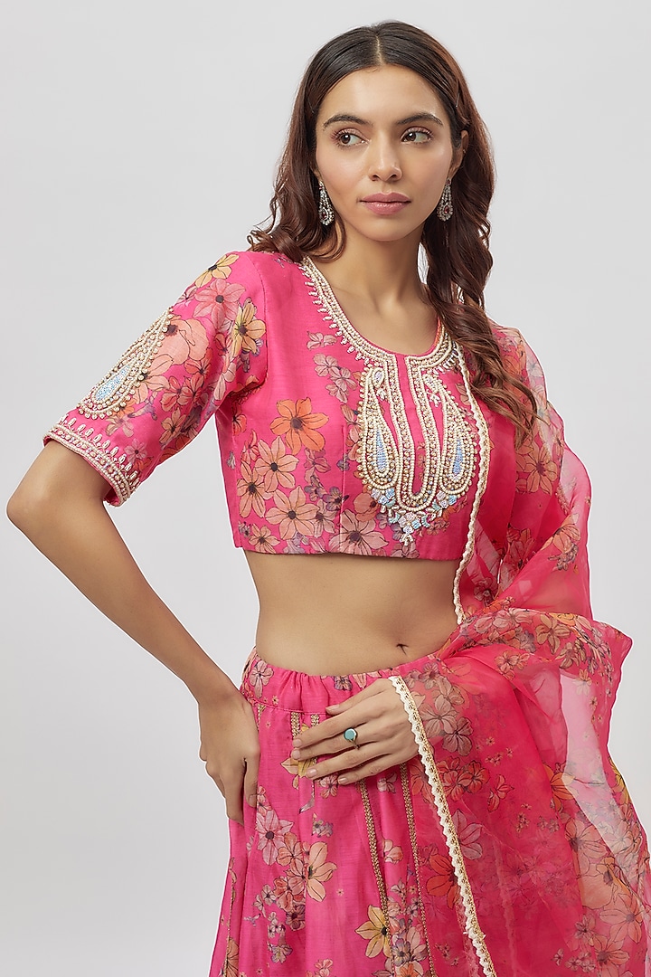 Hot Pink Chanderi Digital Printed & Dabka Embroidered Lehenga Set by Yuvrani Jaipur at Pernia's Pop Up Shop