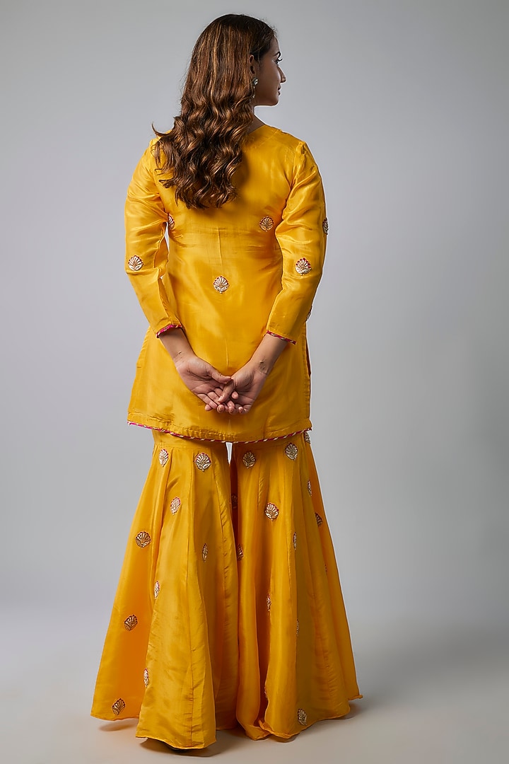 Yellow Pure Spun Silk Marodi Embroidered Party Wear Sharara Set by Yuvrani Jaipur at Pernia's Pop Up Shop