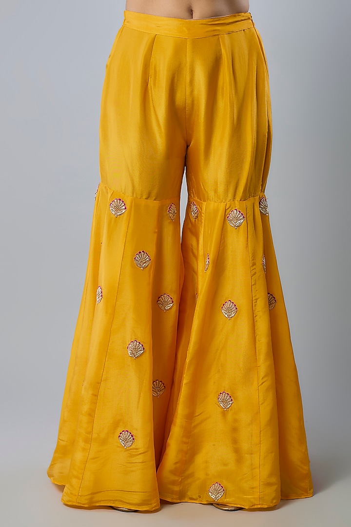 Yellow Pure Spun Silk Marodi Embroidered Party Wear Sharara Set by Yuvrani Jaipur at Pernia's Pop Up Shop