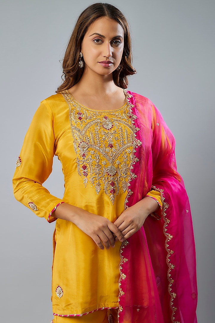 Yellow Pure Spun Silk Marodi Embroidered Party Wear Sharara Set by Yuvrani Jaipur at Pernia's Pop Up Shop