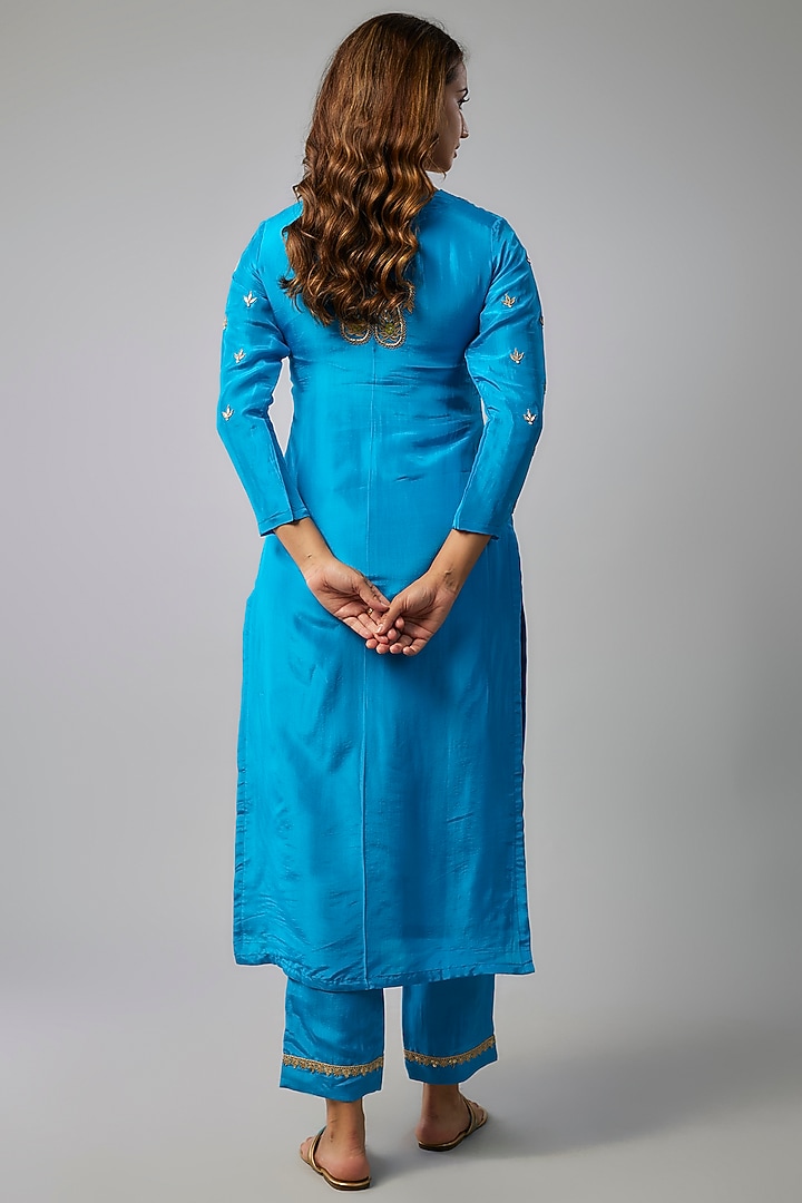 Electric Blue Pure Spun Silk Hand Embroidered Kurta Set by Yuvrani Jaipur at Pernia's Pop Up Shop