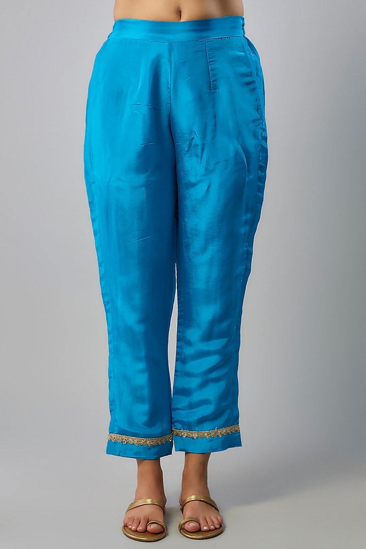 Electric Blue Pure Spun Silk Hand Embroidered Kurta Set by Yuvrani Jaipur at Pernia's Pop Up Shop