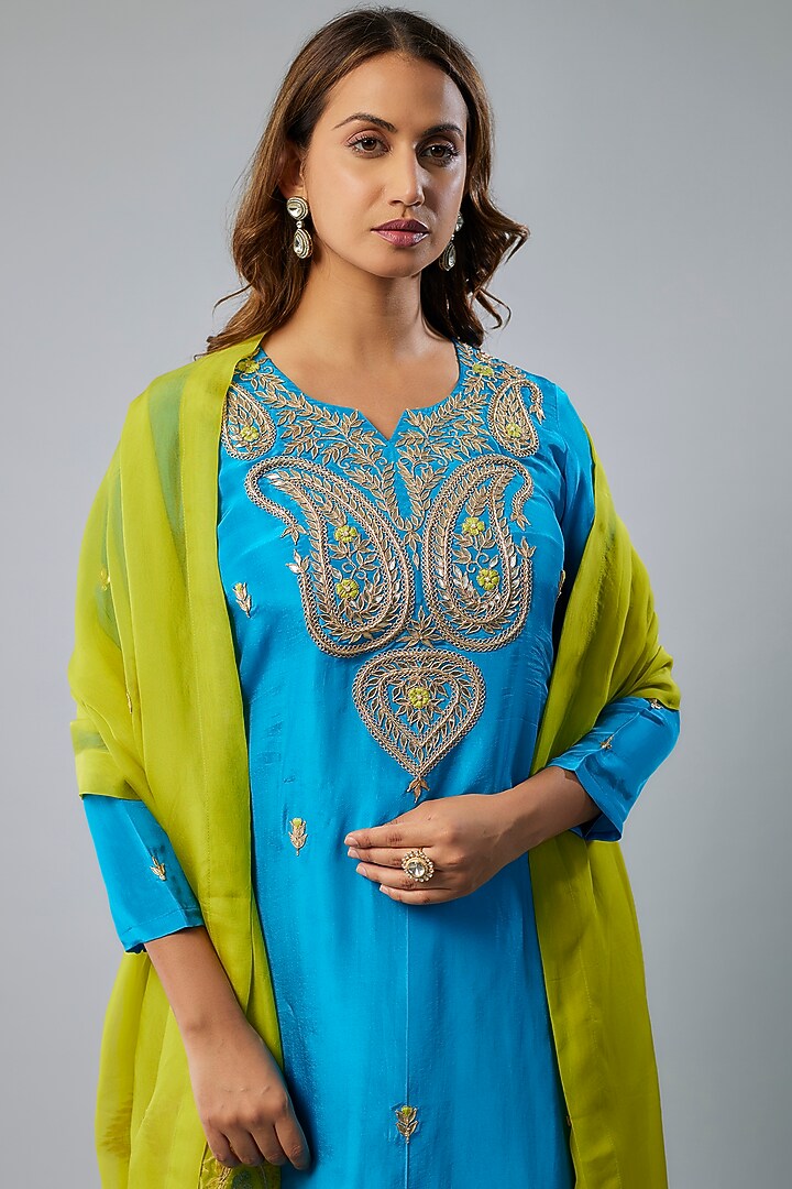 Electric Blue Pure Spun Silk Hand Embroidered Kurta Set by Yuvrani Jaipur at Pernia's Pop Up Shop