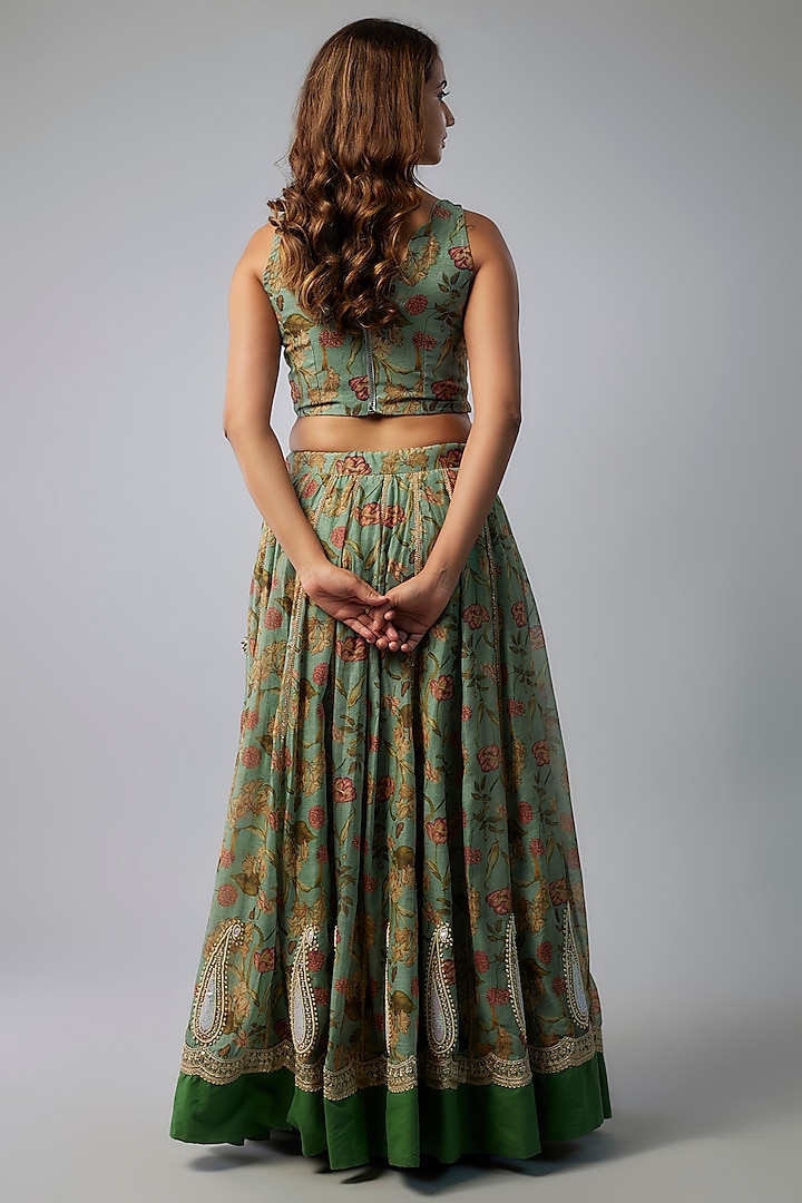 Mint Green Chanderi Digital Printed Lehenga Set by Yuvrani Jaipur at Pernia's Pop Up Shop