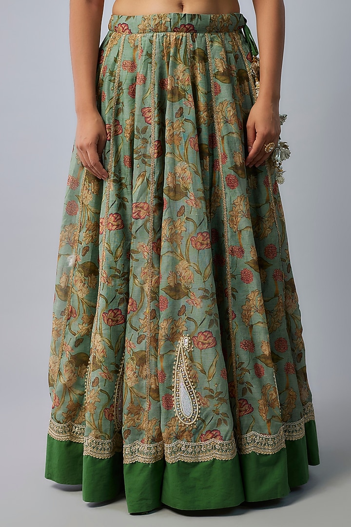 Mint Green Chanderi Digital Printed Lehenga Set by Yuvrani Jaipur at Pernia's Pop Up Shop