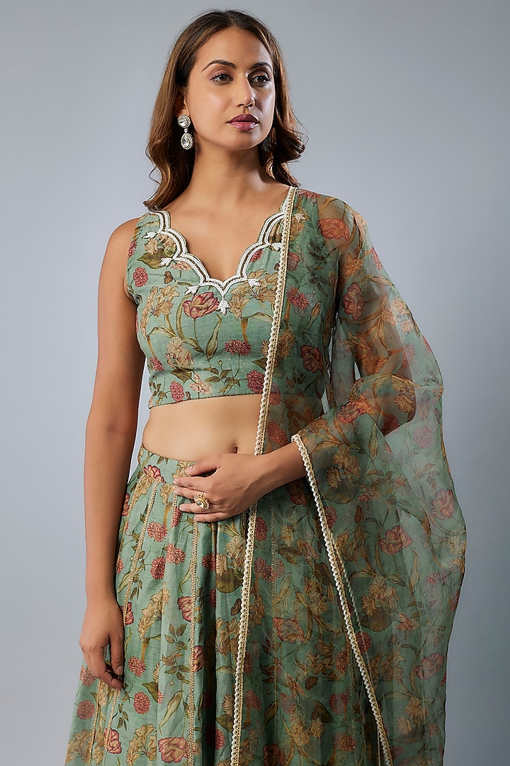 Mint Green Chanderi Digital Printed Lehenga Set by Yuvrani Jaipur at Pernia's Pop Up Shop