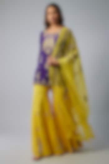 Yellow Pure Spun Silk Marodi Embroidered Party Wear Sharara Set by Yuvrani Jaipur at Pernia's Pop Up Shop