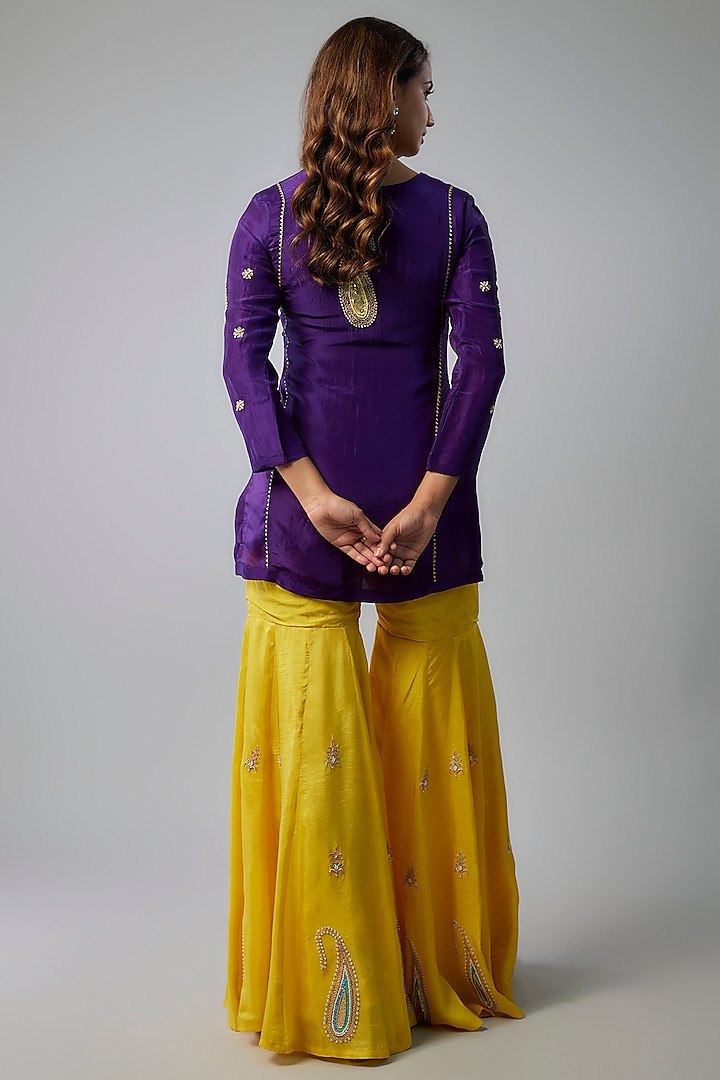 Yellow Pure Spun Silk Marodi Embroidered Party Wear Sharara Set by Yuvrani Jaipur at Pernia's Pop Up Shop