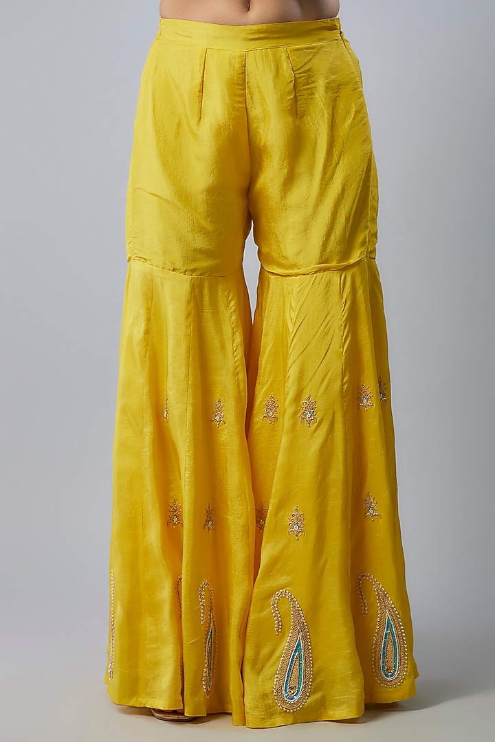 Yellow Pure Spun Silk Marodi Embroidered Party Wear Sharara Set by Yuvrani Jaipur at Pernia's Pop Up Shop